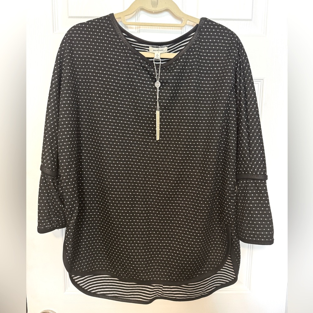 Max Studio High Low Knit Tunic Black and White Polka Dot Women's Top